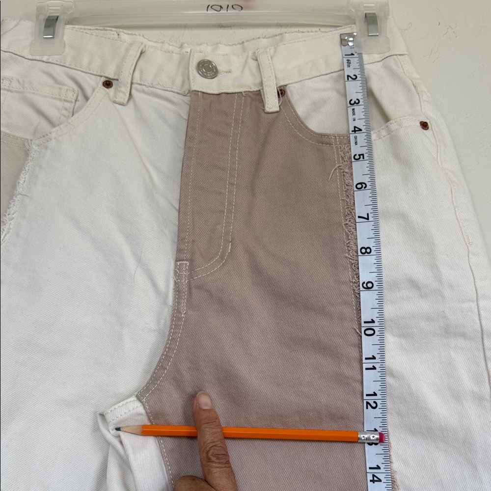PacSun Women's Patchwork Straight Leg Jeans - Cream and Brown - Picture 5 of 11